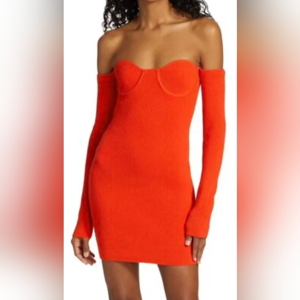 Helmut Lang Off-Shoulder Tangerine Orange Dress Size Medium Ribbed Sweater Dress